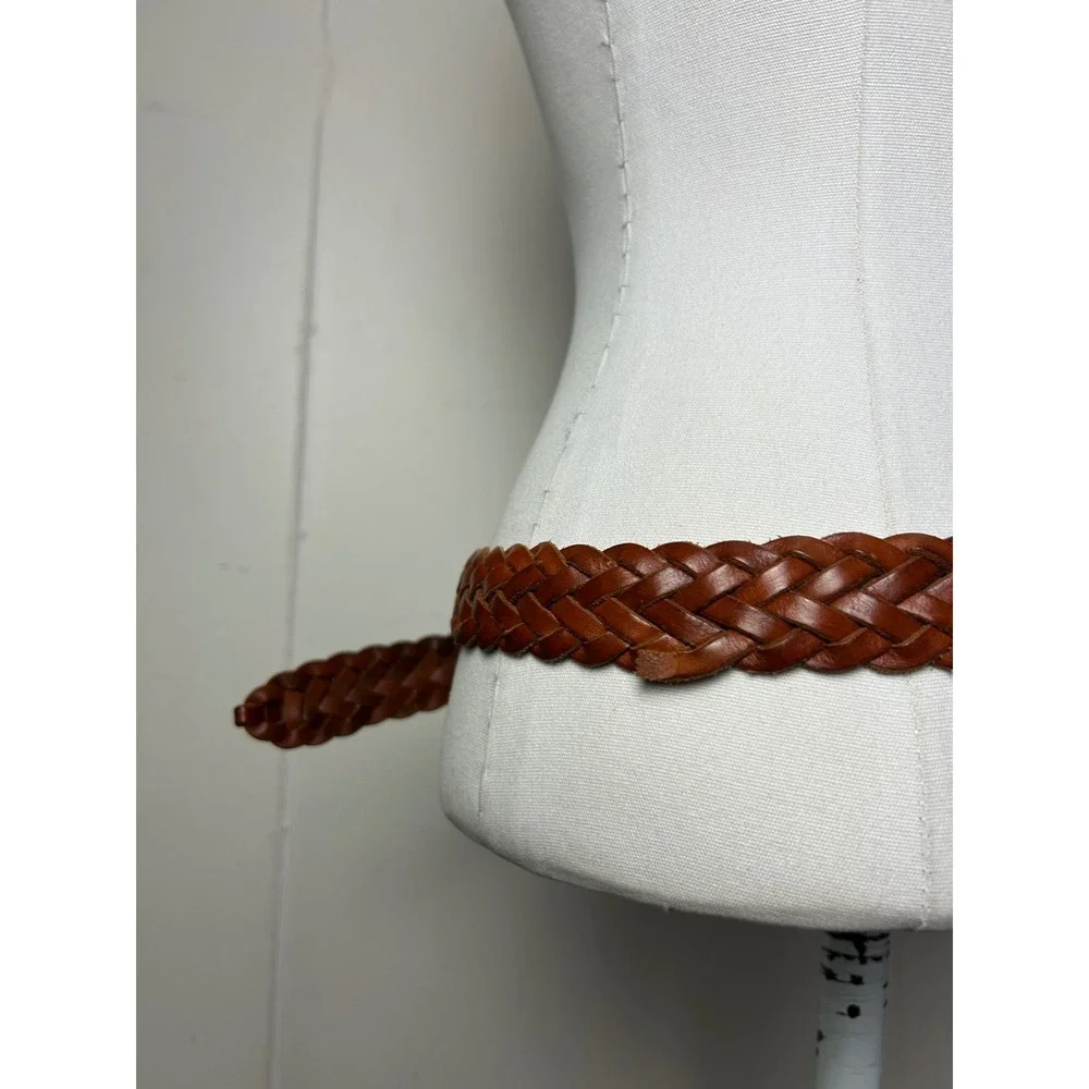 Cognac Brown Braided Leather Belt Brass Buckle S/M Boho Cottagecore Western